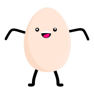 Beyaz arka planda izole edilmiş yumurta karakteri. Gülümseyen ve mutlu bir yumurta. Kawaii 'nin komik suratlı şirin yumurtası. Vektör