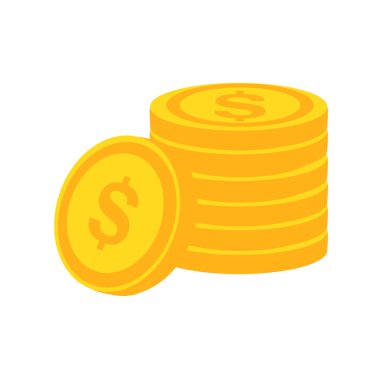 Altın para yığını. Dolar işaretli altın paralar, beyaz arka planda izole edilmiş. Vektör illüstrasyonu