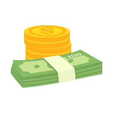 Dolar işaretli ve banknotlu altın paralar, düz bir şekilde nakit sembolü. İzole edilmiş beyaz arka plan. Vektör illüstrasyonu