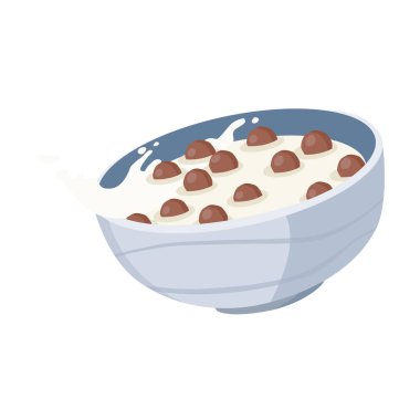 Sütlü gevrek çikolatalı gevrek toplarının vektör çizimi. Tatlı çocuklar kahvaltı yapar, beyaz arka planda izole olur.