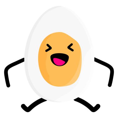 Beyaz arka planda izole edilmiş yumurta karakteri. Gülümseyen ve mutlu bir yumurta. Kaynamış yumurta ve kawaii komik suratlı çizgi film. Vektör