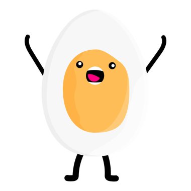 Beyaz arka planda izole edilmiş yumurta karakteri. Gülümseyen ve mutlu bir yumurta. Kaynamış yumurta ve kawaii komik suratlı çizgi film. Vektör