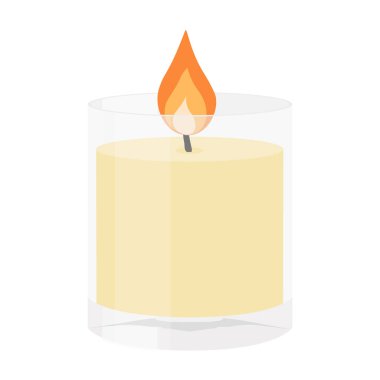 Beyaz plastik ya da cam tutacağında, beyaz arka planda izole edilmiş mum. Aroma aromaterapi kavramı. Vektör