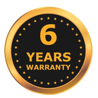 6 yıllık garanti etiketi, rozeti, ikonu, logosu. Beyaz arka planda izole edilmiş altın ve siyah altı yıllık garanti etiketi. Vektör illüstrasyonu