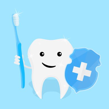 Diş fırçası ve haçlı kalkanı olan sevimli bir çizgi film karakteri. Mutlu, sağlıklı diş. Diş bakımı, ağız hijyeni, ortodonti, dişçilik. Çocuk kliniği, tıbbi bilgiler, diş macunu...