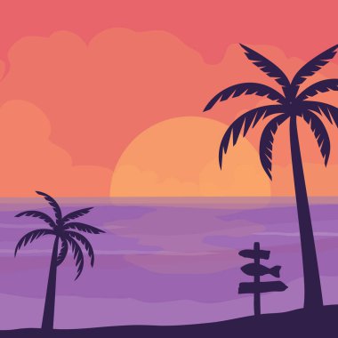 Palmiye ağaçları ve deniz olan güzel bir günbatımı plajı. Doğa ve deniz manzarası. Tatilde seyahat ve tatil için dinlenme zamanı. Vektör illüstrasyonu