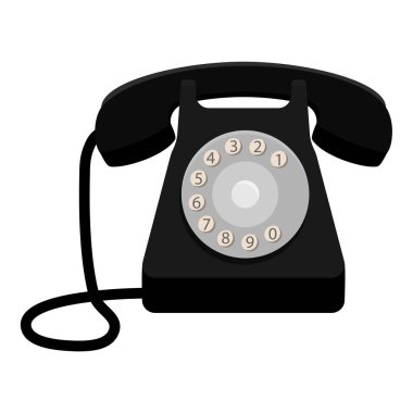 Beyaz arka planda izole edilmiş eski siyah bir telefon. Yıllanmış antika telefon. Vektör illüstrasyonu