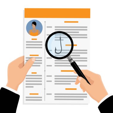 Çalışan doğrulama konsepti. Gizli olta iğnesi olan büyüteç. Belgeleri, özgeçmişi ya da özgeçmişi inceliyor. Dolandırıcılık tespiti, İK taraması ve adam toplama riski. İşe alım sürecinde sahte tehdit.