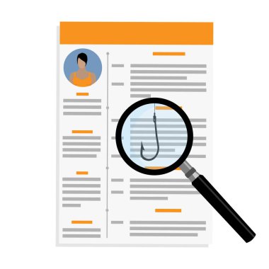 Çalışan doğrulama konsepti. Gizli olta iğnesi olan büyüteç. Belgeleri, özgeçmişi ya da özgeçmişi inceliyor. Dolandırıcılık tespiti, İK taraması ve adam toplama riski. İşe alım sürecinde sahte tehdit.