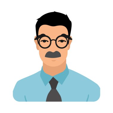 Öğretmen, profesör karakteri. Bıyıklı, gözlüklü, gömlek ve kravat takan bir adam. Vektör illüstrasyonu