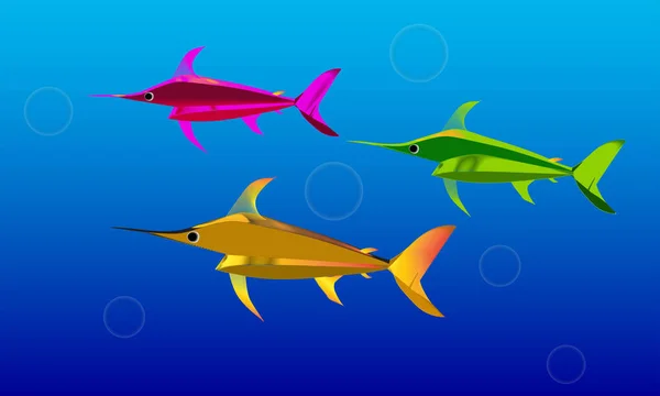 绿色和粉色三种鱼在蓝色梯度水矢量图像中游动 — 图库矢量图片