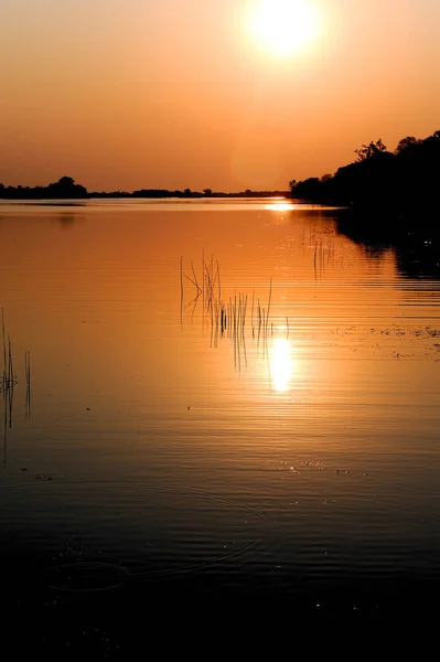 Prach Vzduchu Vytváří Zlatý Západ Slunce Řece Zambezi Zambii — Stock fotografie