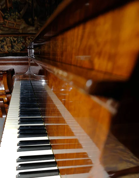 Pianotoetsen Reflecteren Het Gepolijste Hout Van Het Deksel — Stockfoto