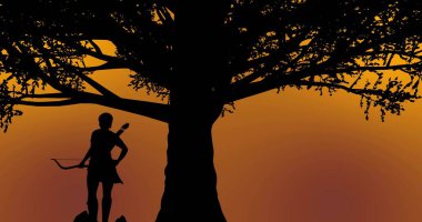 Gün batımında bir ağacın altında duran güzel savaşçı kız. Turuncu-sarı arka plan.