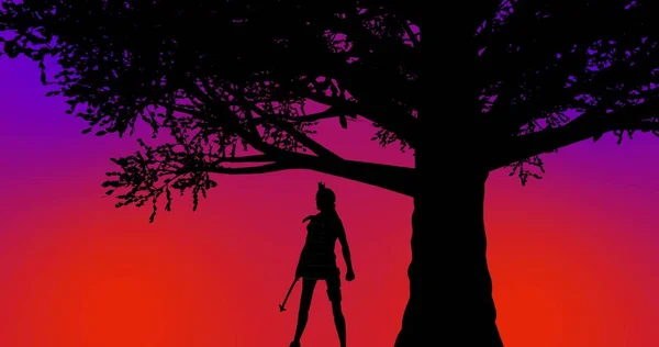Gün batımında bir ağacın altında duran güzel savaşçı kız turuncu-mor arka plan