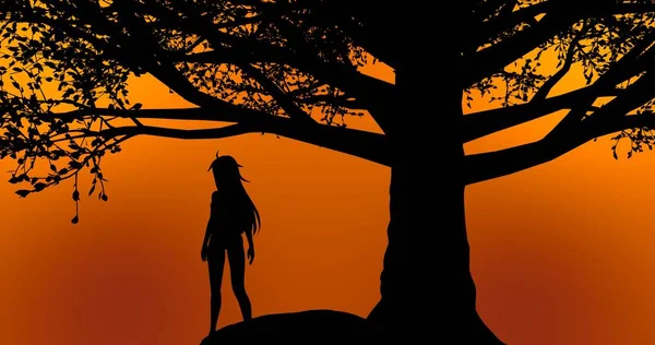 Gün batımında bir ağacın altında duran güzel kız. Turuncu sarı arka plan.