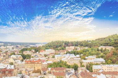 Dominik Katedrali, varsayım kilise ve tarihi merkezi Lviv, Ukrayna, güneşli bir günde güzel manzara
