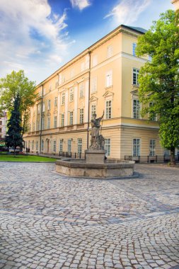 Anıtın sokaklarda Lviv, Ukrayna'nın güzel manzarasına