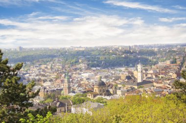 Dominik Katedrali, varsayım kilise ve tarihi merkezi Lviv, Ukrayna, güneşli bir günde güzel manzara