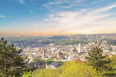 Dominik Katedrali, varsayım kilise ve tarihi merkezi Lviv, Ukrayna, güneşli bir günde güzel manzara