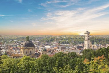 Dominik Katedrali, varsayım kilise ve tarihi merkezi Lviv, Ukrayna, güneşli bir günde güzel manzara