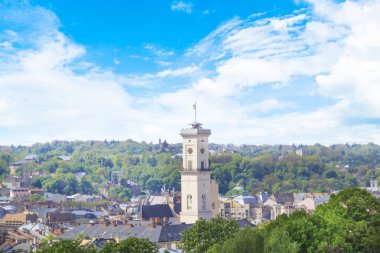 Dominik Katedrali, varsayım kilise ve tarihi merkezi Lviv, Ukrayna, güneşli bir günde güzel manzara