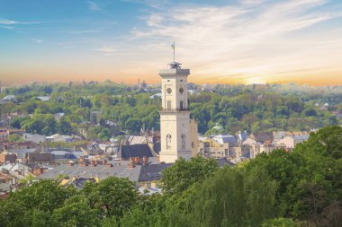 Dominik Katedrali, varsayım kilise ve tarihi merkezi Lviv, Ukrayna, güneşli bir günde güzel manzara