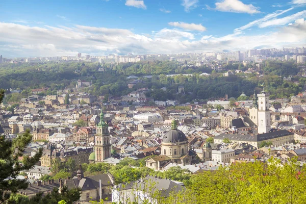 Dominik Katedrali, varsayım kilise ve tarihi merkezi Lviv, Ukrayna, güneşli bir günde güzel manzara