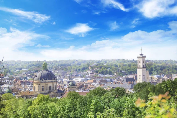 Dominik Katedrali, varsayım kilise ve tarihi merkezi Lviv, Ukrayna, güneşli bir günde güzel manzara