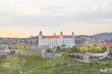 Güneşli bir yaz gününde Bratislava, Slovakya eski kasabasında Tuna kıyısında Bratislava kale güzel görünümü.