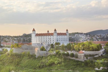 Güneşli bir yaz gününde Bratislava, Slovakya eski kasabasında Tuna kıyısında Bratislava kale güzel görünümü.