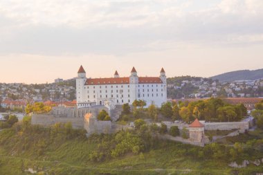 Güneşli bir yaz gününde Bratislava, Slovakya eski kasabasında Tuna kıyısında Bratislava kale güzel görünümü.