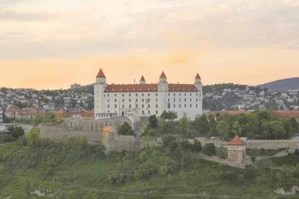 Güneşli bir yaz gününde Bratislava, Slovakya eski kasabasında Tuna kıyısında Bratislava kale güzel görünümü.