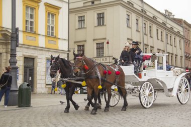 Krakow, Polonya - 24 Mart: 24 Mart 2017 tarihinde Krakow'da Kutsanmış Bakire Meryem (St. Mary Kilisesi) Varsayımı Kilisesi yakınlarında gezi arabası