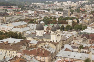 Dominik Katedrali, varsayım kilise ve tarihi merkezi Lviv, Ukrayna, güneşli bir günde güzel manzara