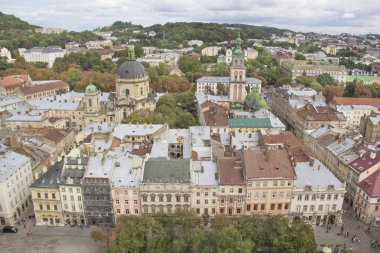 Dominik Katedrali, varsayım kilise ve tarihi merkezi Lviv, Ukrayna, güneşli bir günde güzel manzara