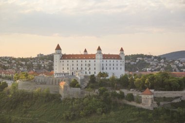 Güneşli bir yaz gününde Bratislava, Slovakya eski kasabasında Tuna kıyısında Bratislava kale güzel görünümü