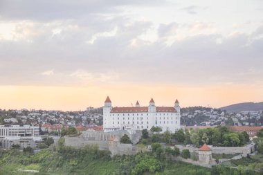 Güneşli bir yaz gününde Bratislava, Slovakya eski kasabasında Tuna kıyısında Bratislava kale güzel görünümü
