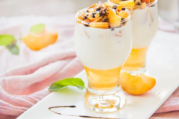 Healthy Strawberry Peach Walnut Parfait Glass White Background — Stock Photo, Image