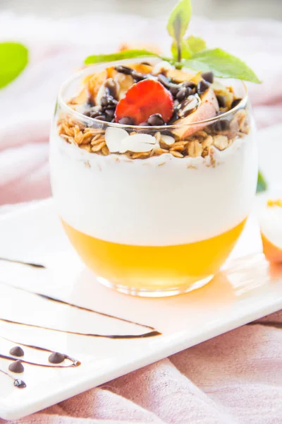 Healthy Strawberry Peach Walnut Parfait Glass White Background — Stock Photo, Image