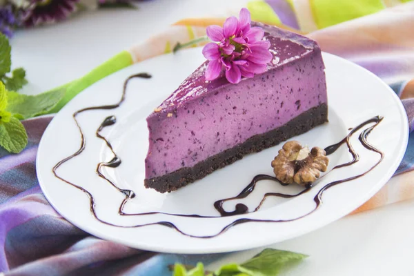 Gâteau Fromage Fait Maison Avec Des Bleuets Frais Menthe Pour — Photo