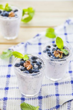  Yeşil yapraklı sulu ve taze yaban mersini. Yaratıcı atmosfer dekorasyonu