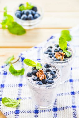  Yeşil yapraklı sulu ve taze yaban mersini. Yaratıcı atmosfer dekorasyonu