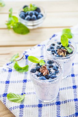  Yeşil yapraklı sulu ve taze yaban mersini. Yaratıcı atmosfer dekorasyonu