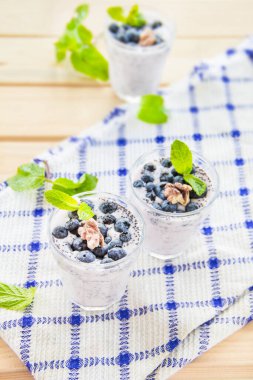  Yeşil yapraklı sulu ve taze yaban mersini. Yaratıcı atmosfer dekorasyonu