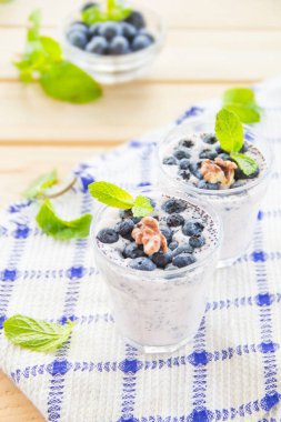  Yeşil yapraklı sulu ve taze yaban mersini. Yaratıcı atmosfer dekorasyonu