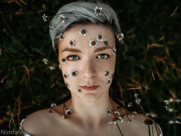 Dívčí Tvář Sedmikráskami — Stock fotografie