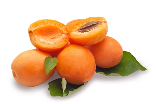 Ripe Fresh Juicy Apricots Green Leaves Apricot Halves Isolated White — Stock Photo, Image
