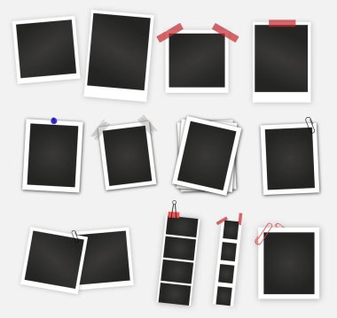 Photo Frame Collection. Polaroid photo frame set.Photo frames with realistic drop shadow vector effect isolated design.Photo frames fixed with adhesive tape on a transparent. Vector design background. clipart