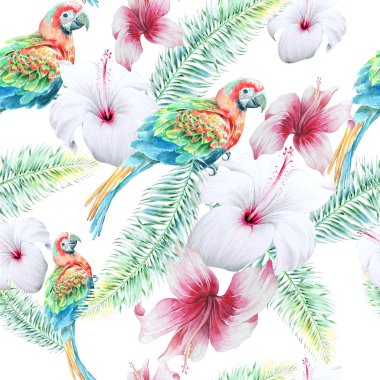 Papağanlar ve çiçeklerle parlak, pürüzsüz bir desen. Hibiscus. Avuç içi. Suluboya çizimi. El çizimi.